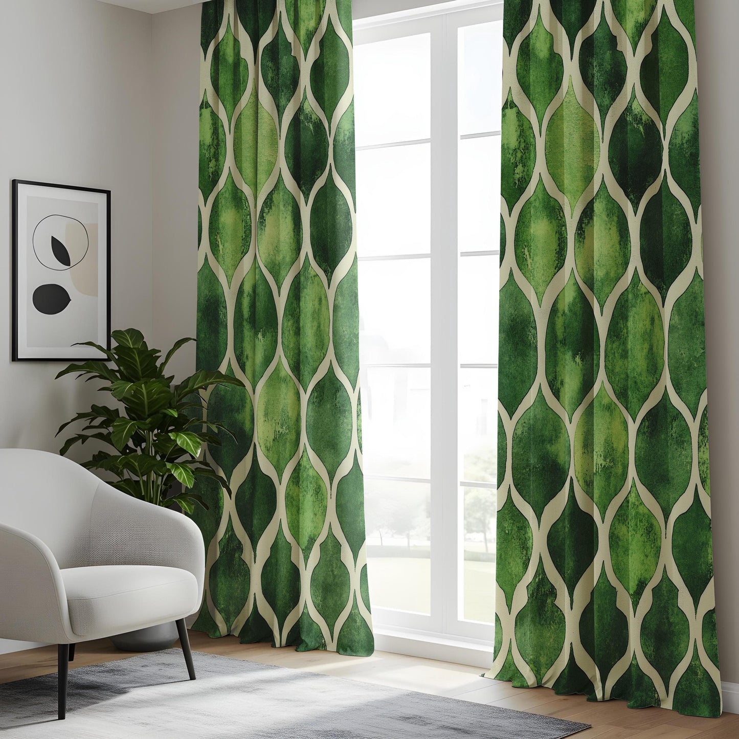 Onay Watercolor Green Geometric Living Room Curtains, Modern Abstract Window Drapes