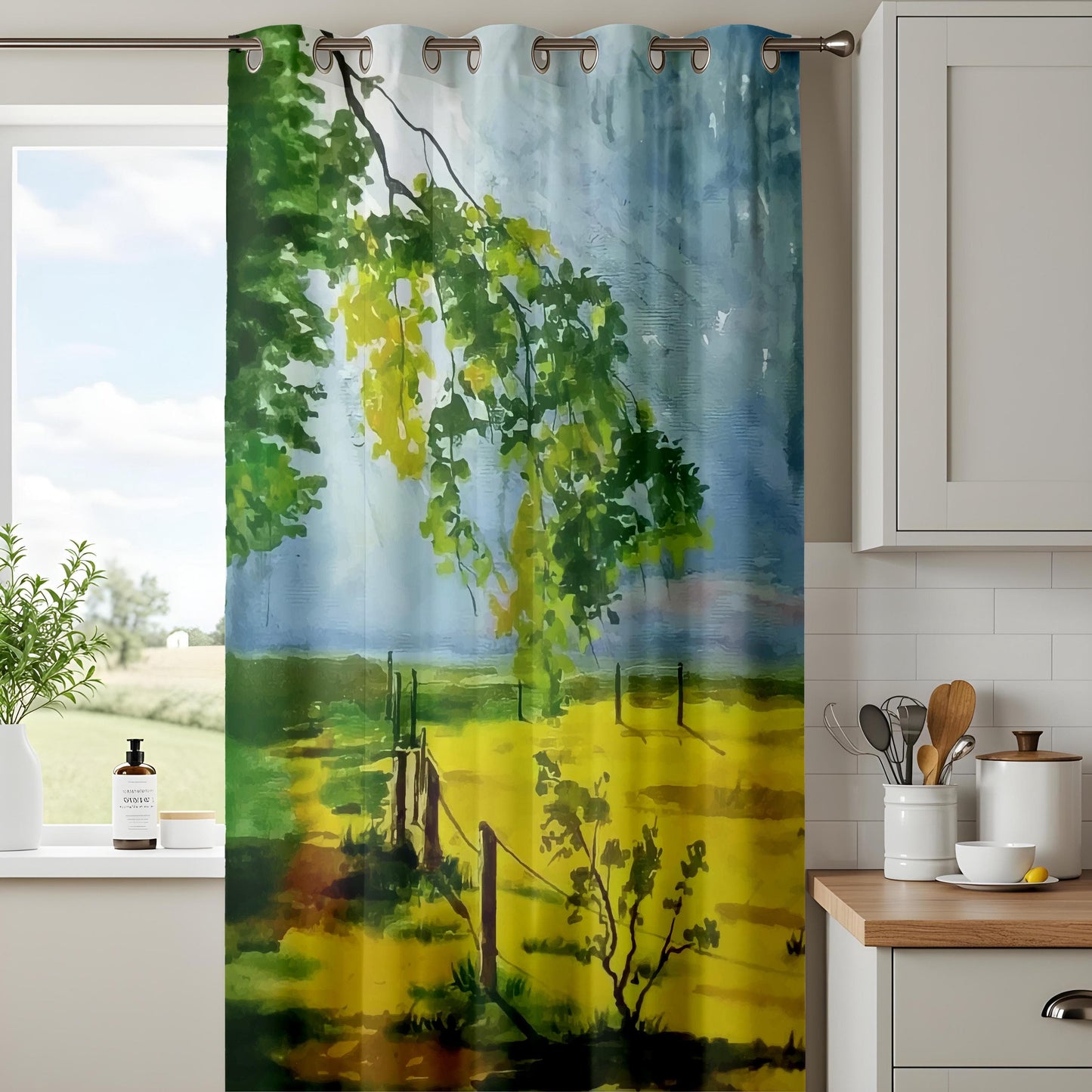 Onay Watercolor Nature Curtains – Lush Greenery & Yellow Field Landscape Drapes