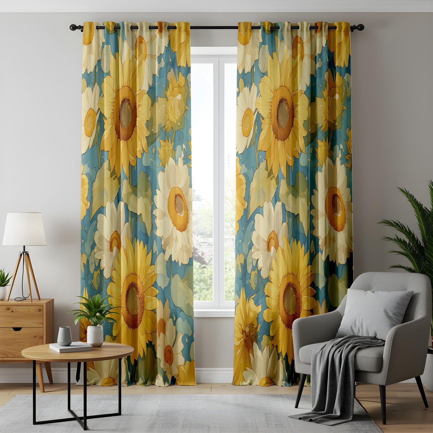 Onay Watercolor Sunflower Curtains, Yellow Floral Kitchen Drapes