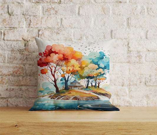 Onay Cushion Covers 1 / 12 x 12 inch (30 x 30 cm) Double Side Watercolor Zen Garden Cushion Covers Montain Tree Jungle and Sun Pillow Case