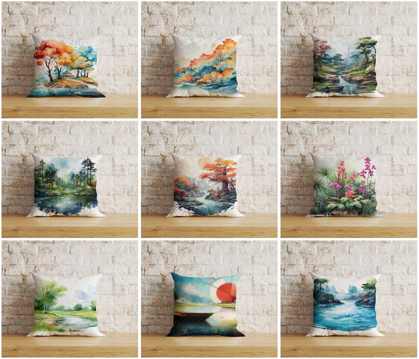 Onay Cushion Covers Watercolor Zen Garden Cushion Covers Montain Tree Jungle and Sun Pillow Case