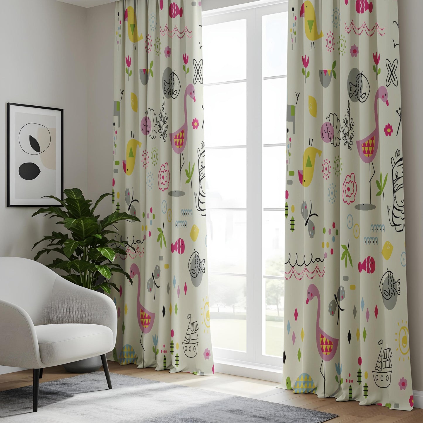 Onay Whimsical Animal Safari Curtains for Kids Room, Bright Cartoon Window Drapes