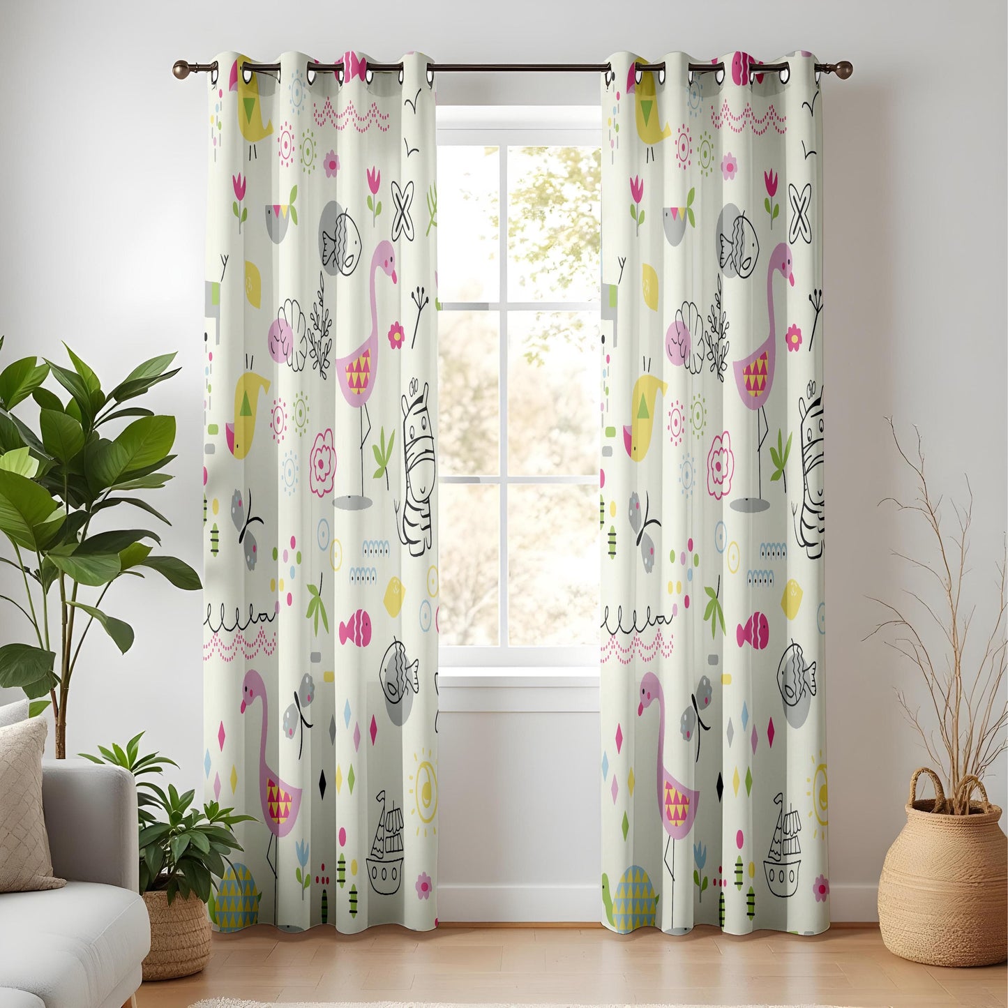 Onay Whimsical Animal Safari Curtains for Kids Room, Bright Cartoon Window Drapes