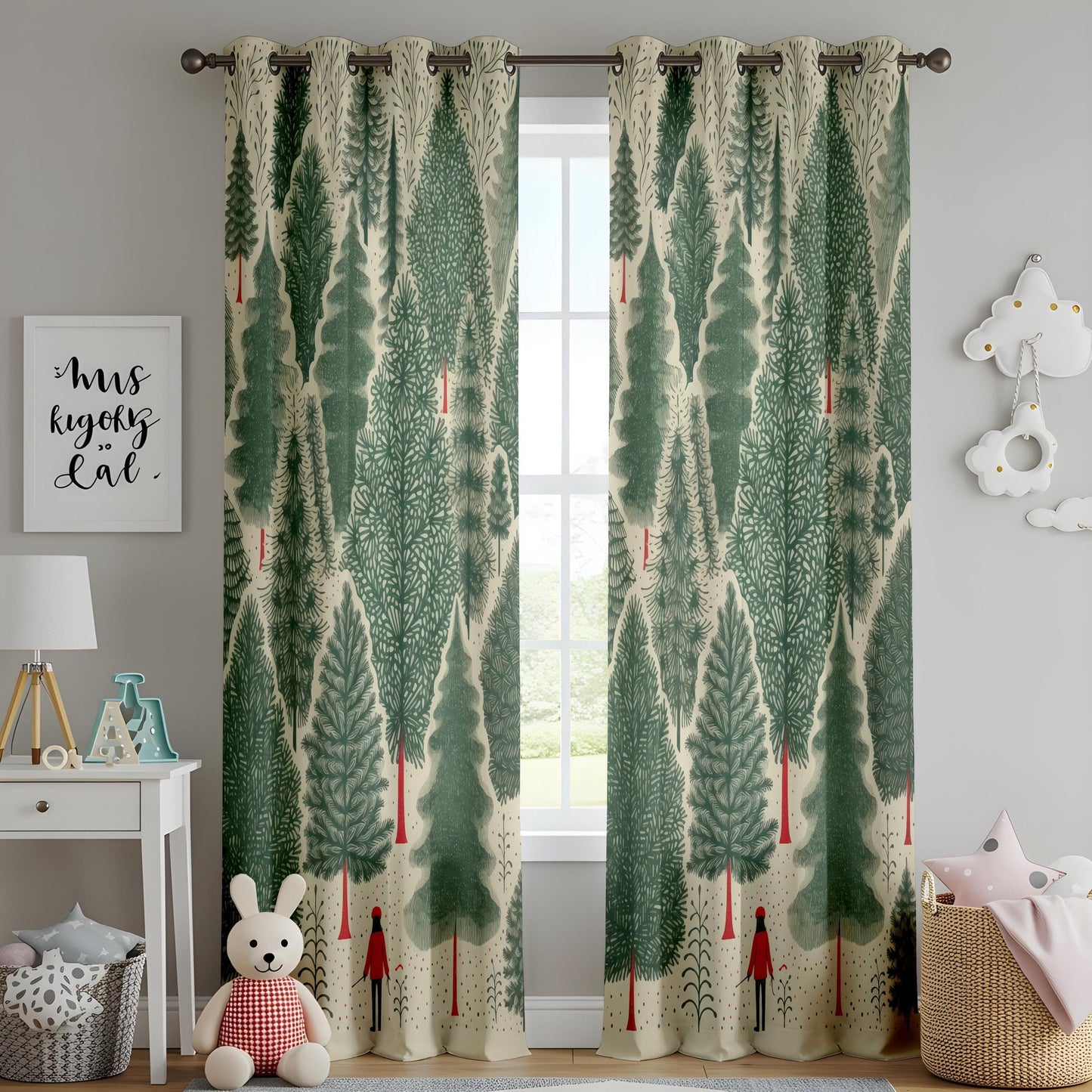 Onay Whimsical Forest Curtains – Nordic Pine Tree Drapes with Red Figure Design