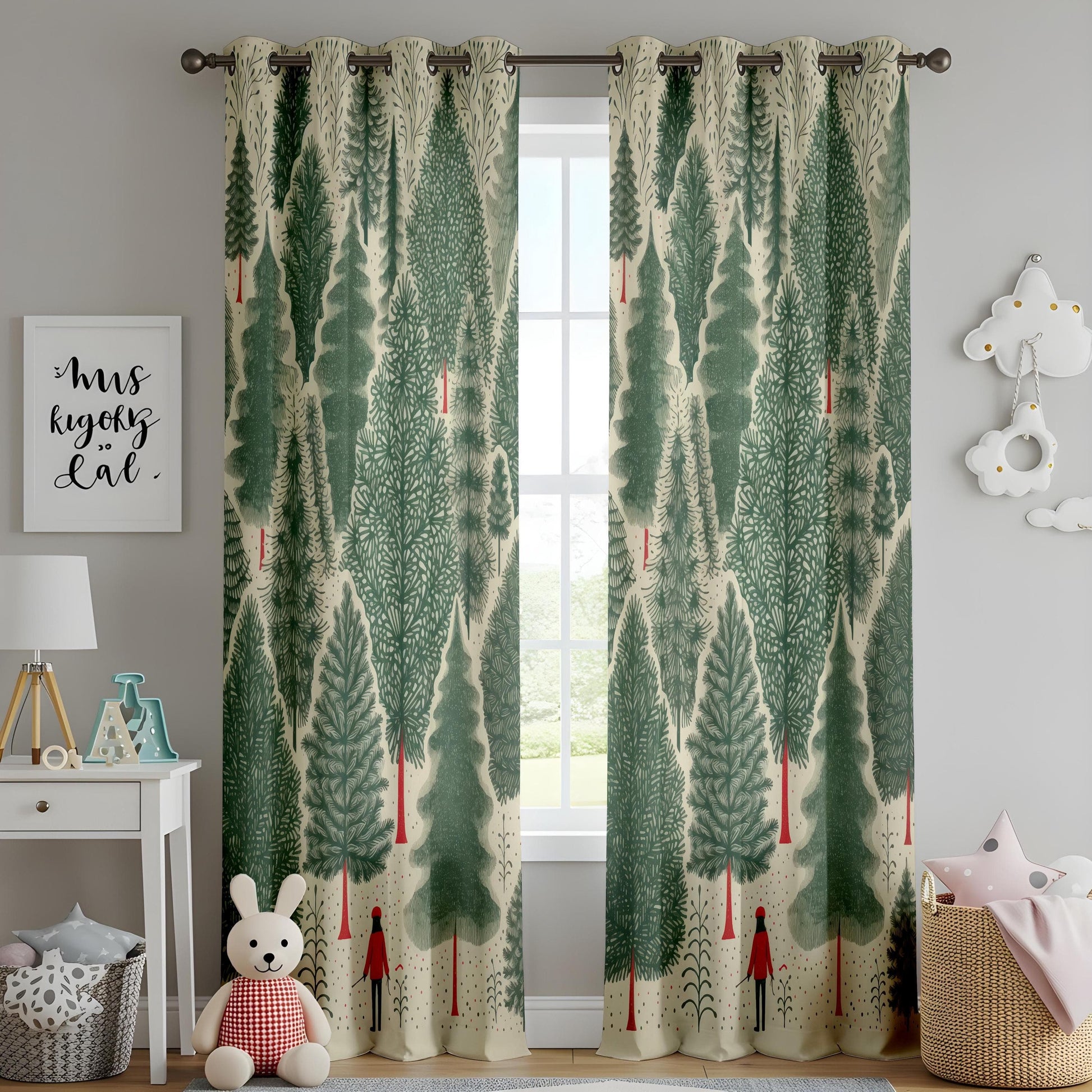 Onay Whimsical Forest Curtains – Nordic Pine Tree Drapes with Red Figure Design