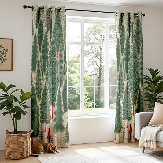 Onay Whimsical Forest Curtains – Nordic Pine Tree Drapes with Red Figure Design