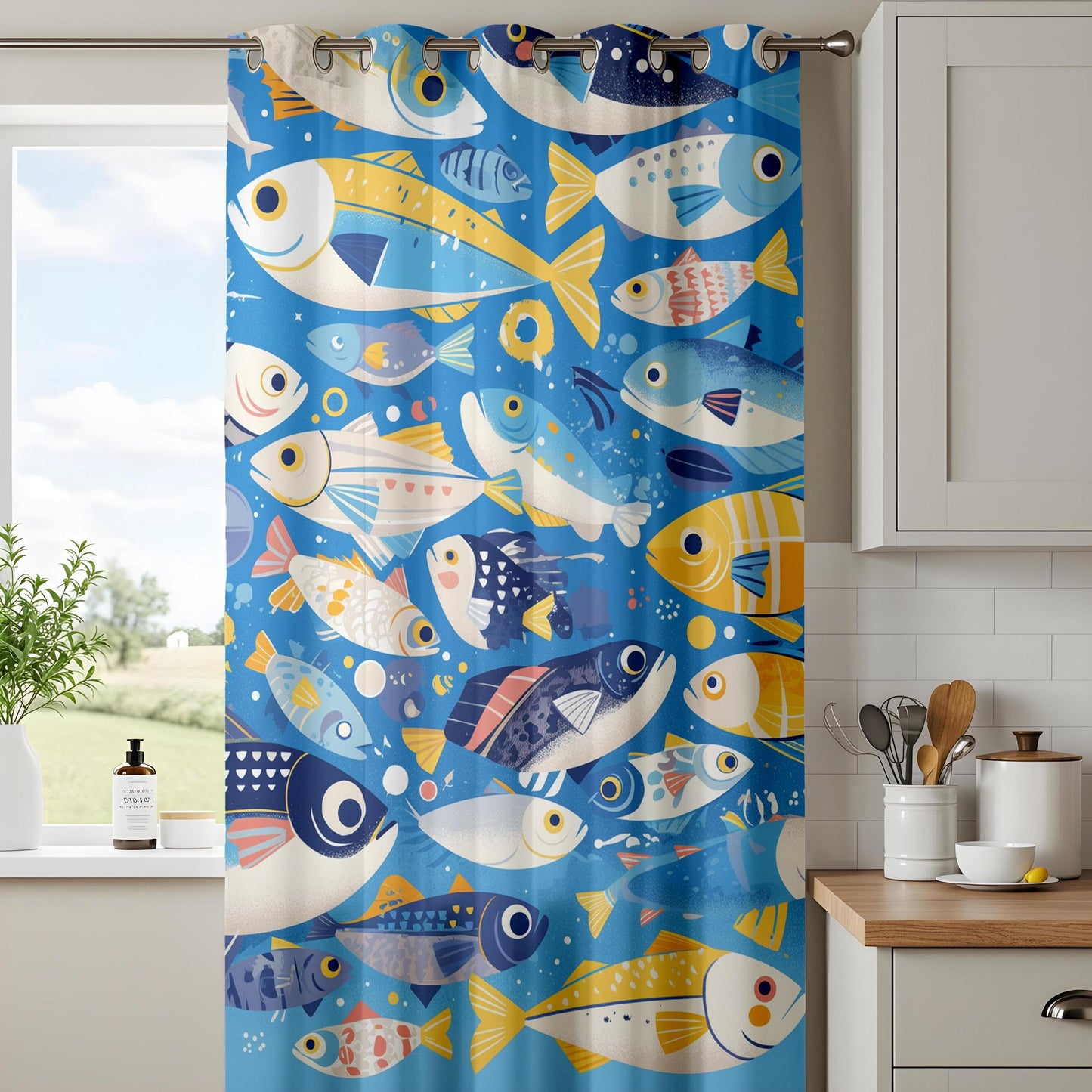 Onay Whimsical Kitchen Curtains, Tropical Fish Pattern Drapes, Ocean-Themed Window Treatment