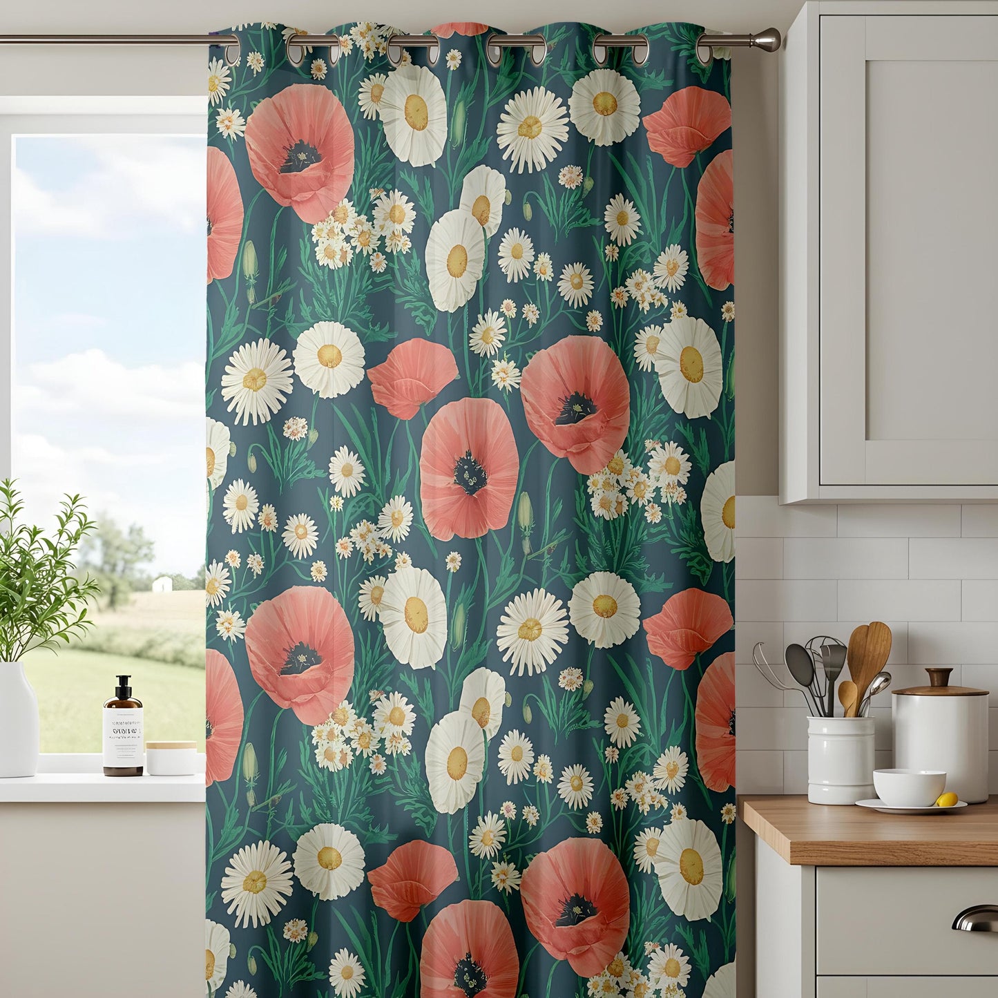 Onay Wildflower Living Room Curtains, Red Poppy and White Daisy Floral Drapes