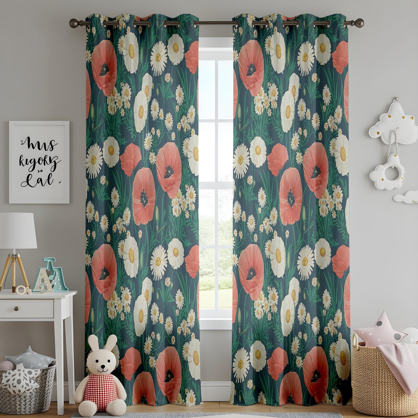 Onay Wildflower Living Room Curtains, Red Poppy and White Daisy Floral Drapes