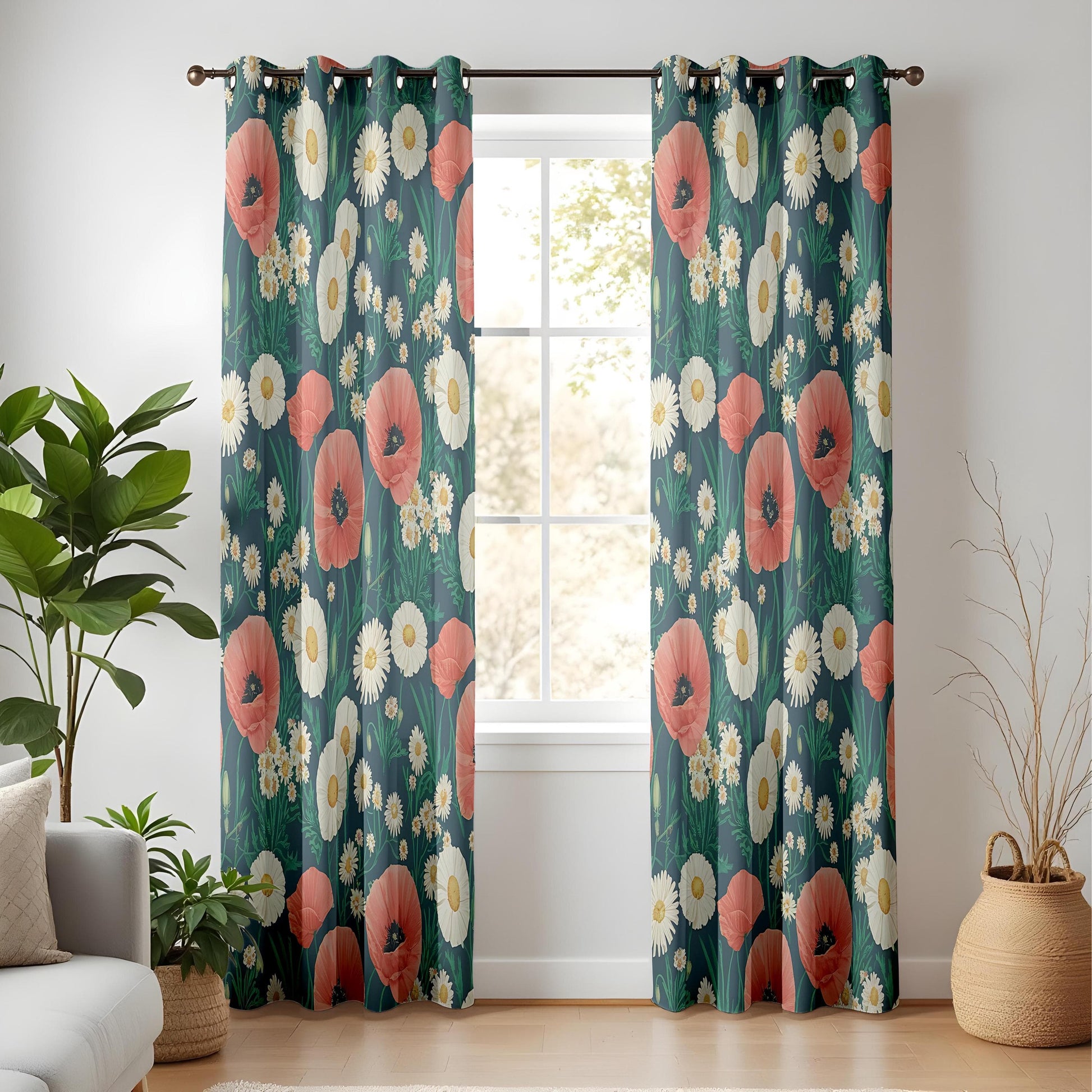 Onay Wildflower Living Room Curtains, Red Poppy and White Daisy Floral Drapes