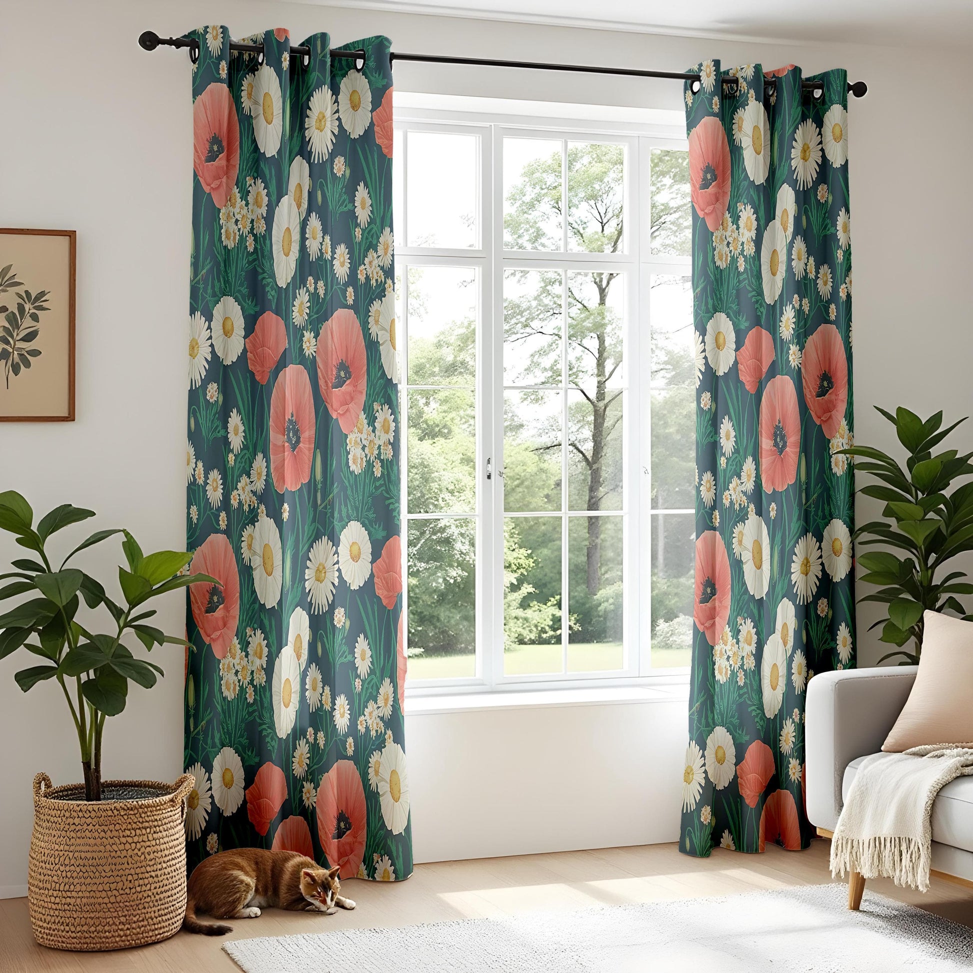 Onay Wildflower Living Room Curtains, Red Poppy and White Daisy Floral Drapes