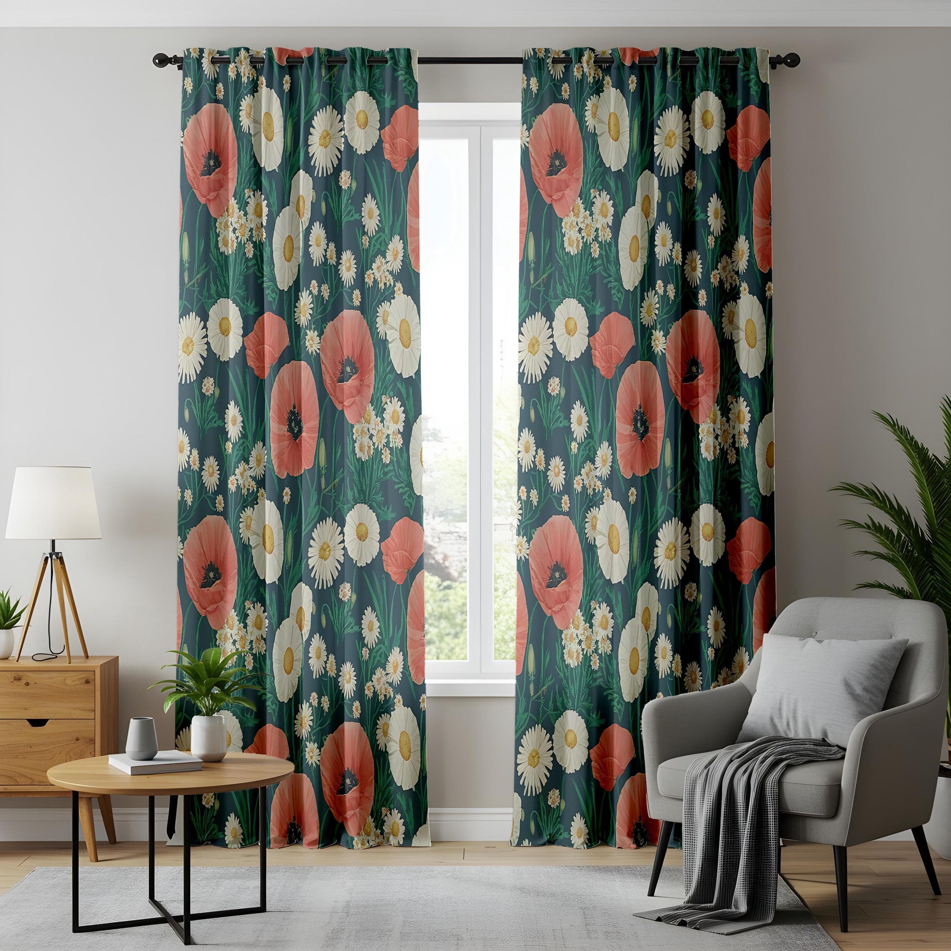 Onay Wildflower Living Room Curtains, Red Poppy and White Daisy Floral Drapes
