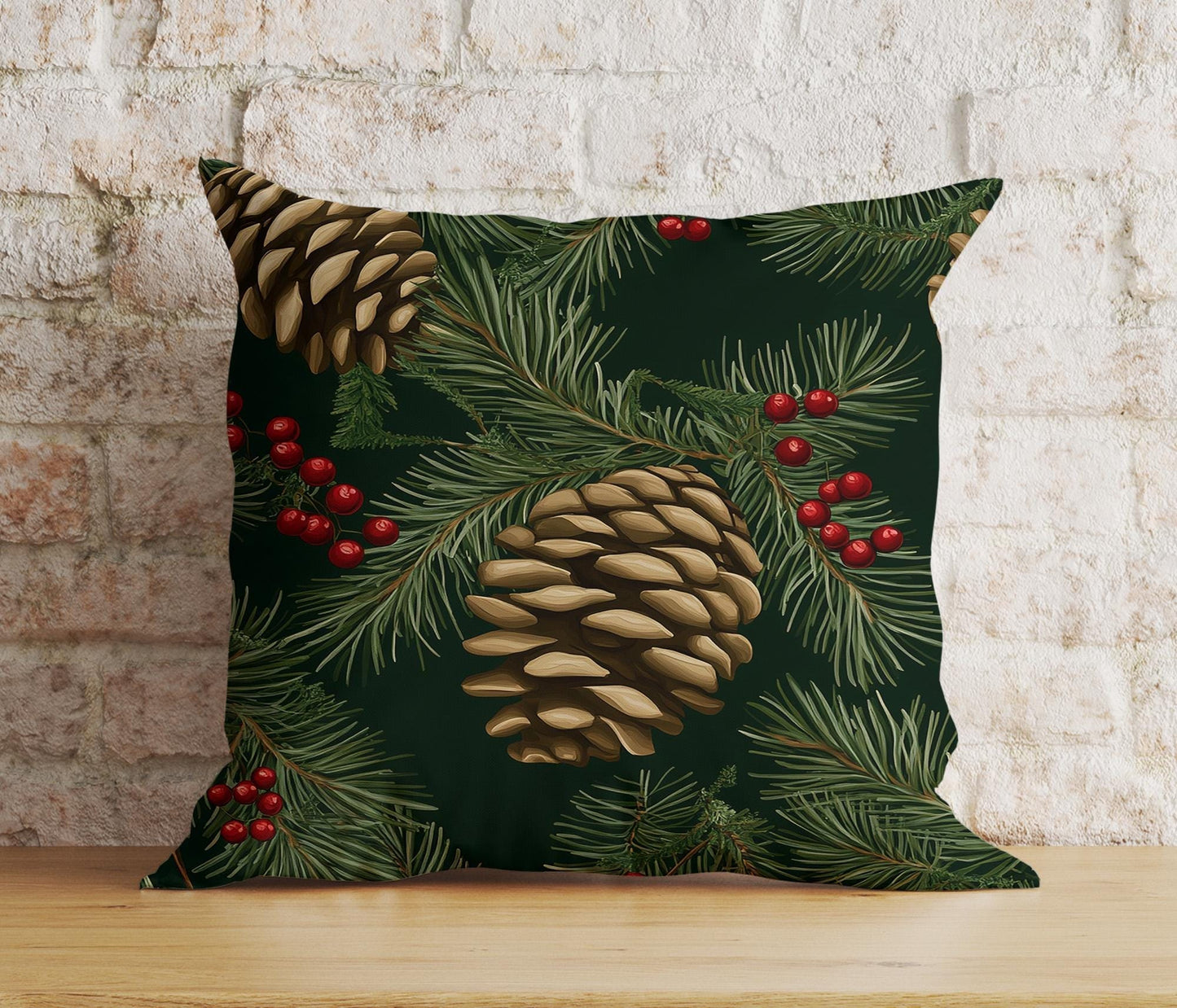 Onay 1 / 12 x 12 inch (30 x 30 cm) Double Side Xmas Pine Cone Pine Tree Branch Green Brown Cushion Cover