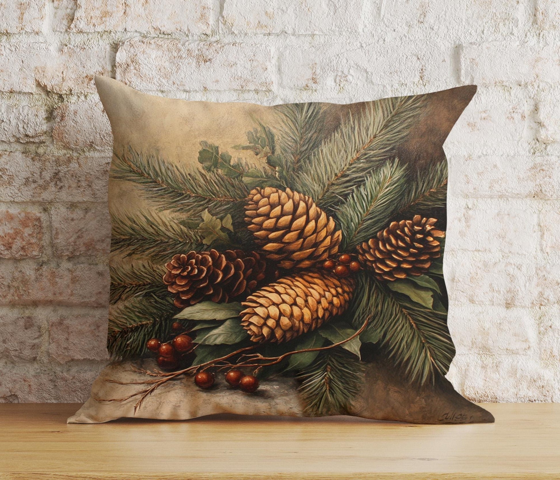 Onay 3 / 12 x 12 inch (30 x 30 cm) Double Side Xmas Pine Cone Pine Tree Branch Green Brown Cushion Cover