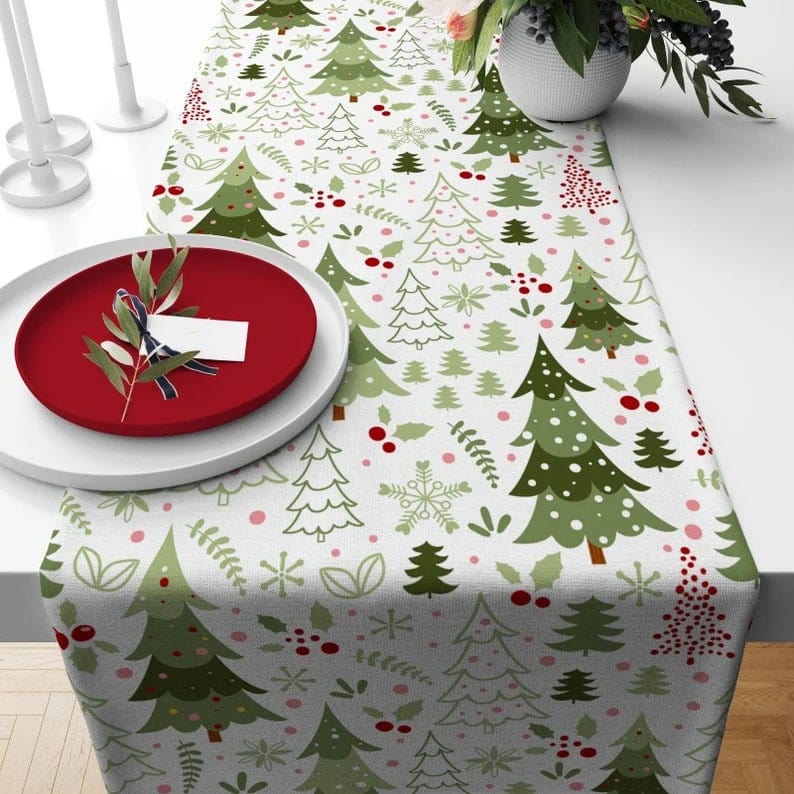 Onay 4 / 12 x 46 inch (30 x 120 cm) Xmas Pine Tree Green and Brown Noel Decor Table Runner
