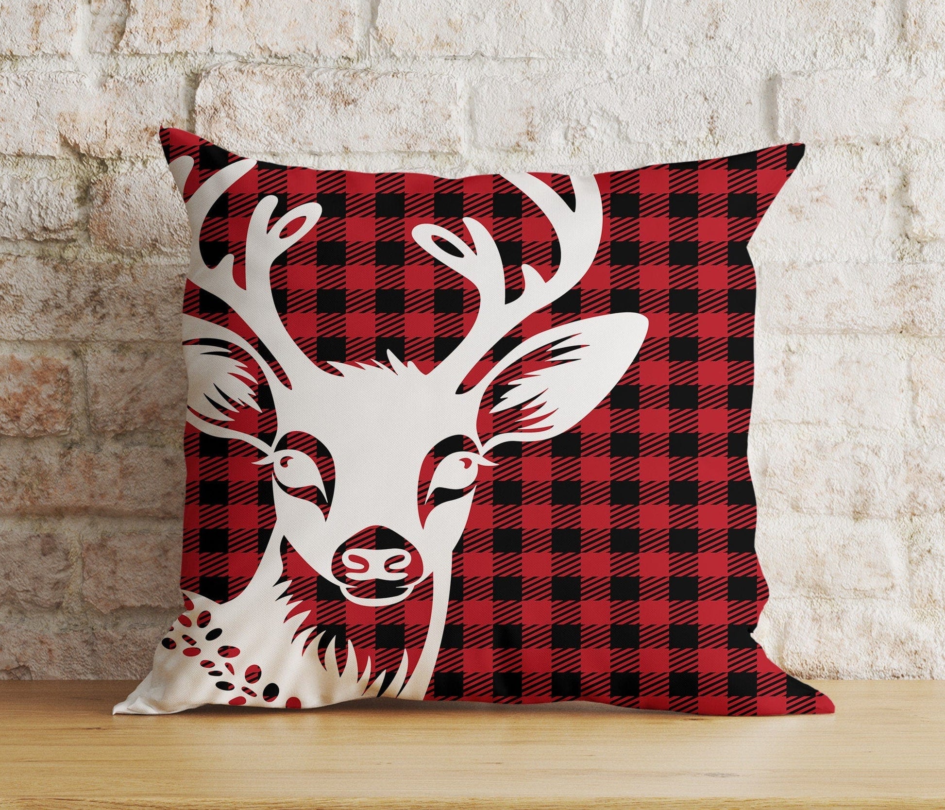 Onay 8 / 12 x 12 inch (30 x 30 cm) Double Side Xmas Reindeer Red & Green Checkered Print Cushion Cover