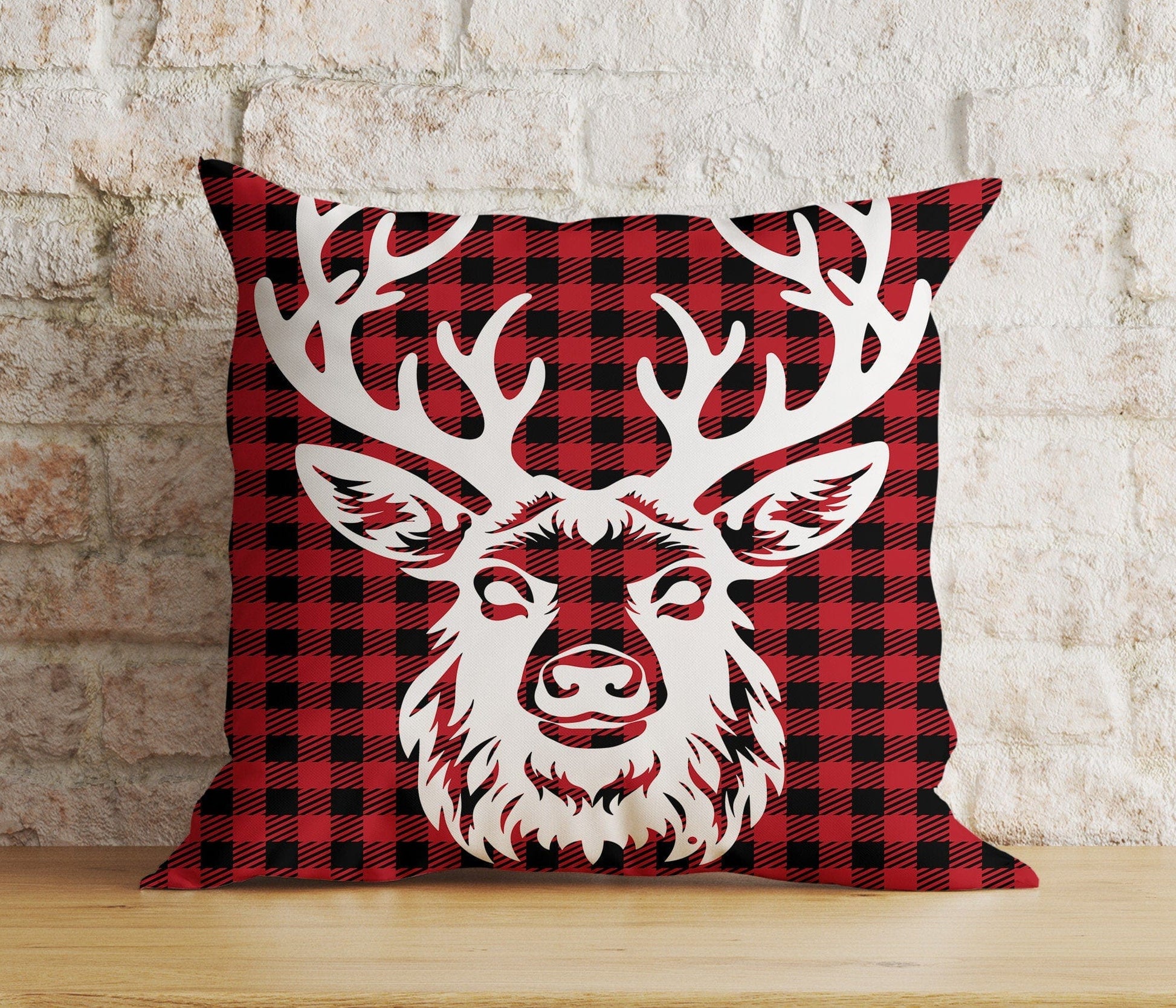 Onay 7 / 12 x 12 inch (30 x 30 cm) Double Side Xmas Reindeer Red & Green Checkered Print Cushion Cover
