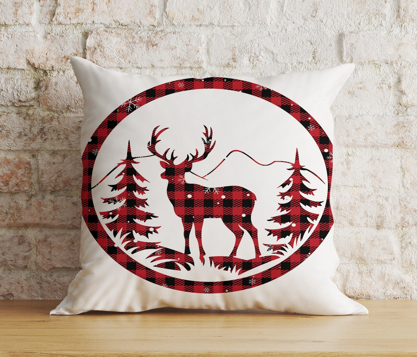 Onay 2 / 12 x 12 inch (30 x 30 cm) Double Side Xmas Reindeer Red & Green Checkered Print Cushion Cover