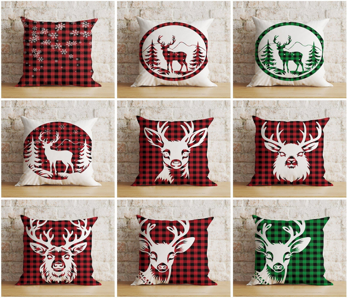 Onay Xmas Reindeer Red & Green Checkered Print Cushion Cover