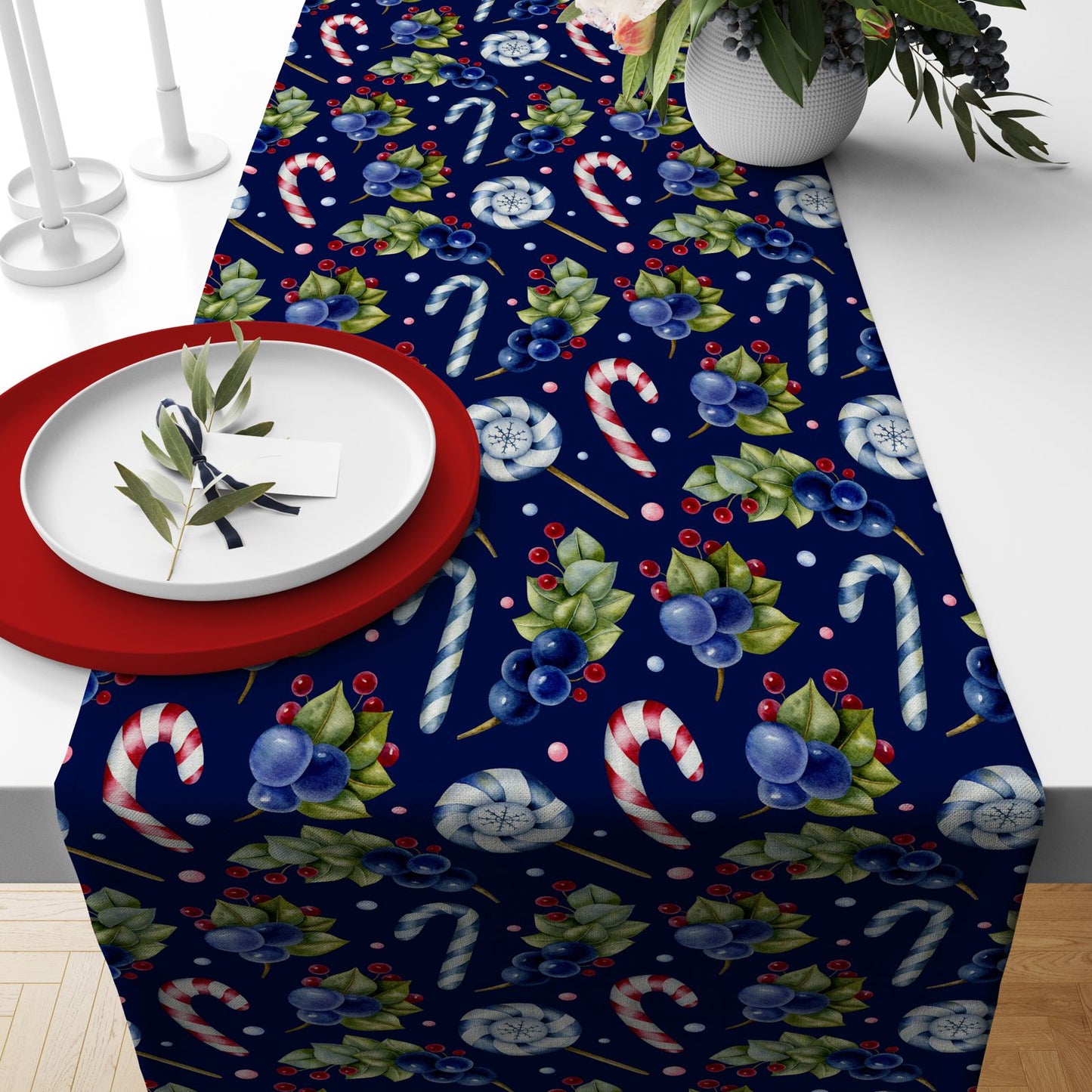 Festive Christmas Table Runners with Trees, Pine Cones & Holiday Treats