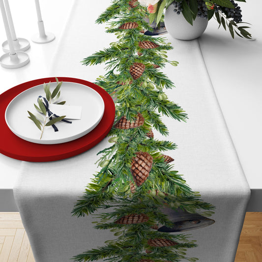 Festive Christmas Table Runners with Trees, Pine Cones & Holiday Treats