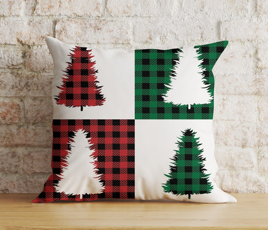 Onay Xmas Wolf Xmas Tree Red & Green Checkered Cushion Cover