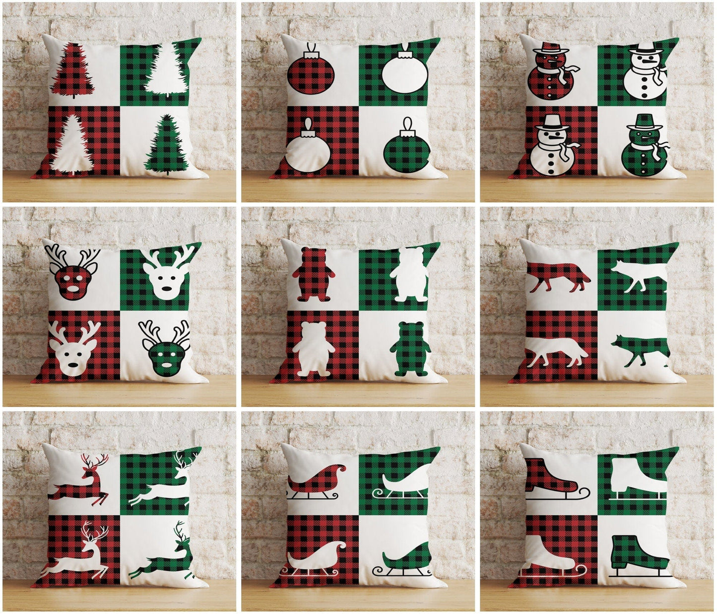 Onay Xmas Wolf Xmas Tree Red & Green Checkered Cushion Cover