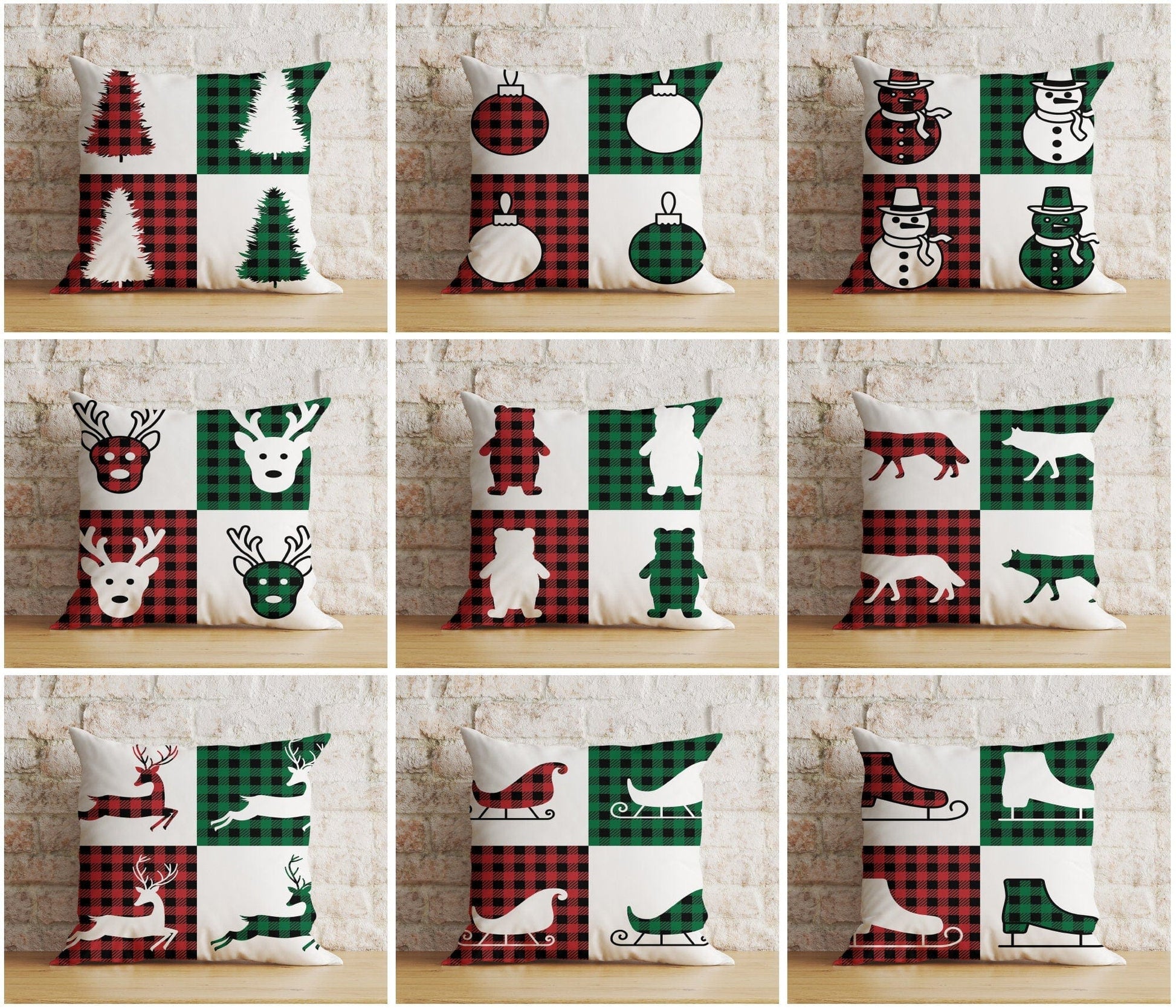 Onay Xmas Wolf Xmas Tree Red & Green Checkered Cushion Cover