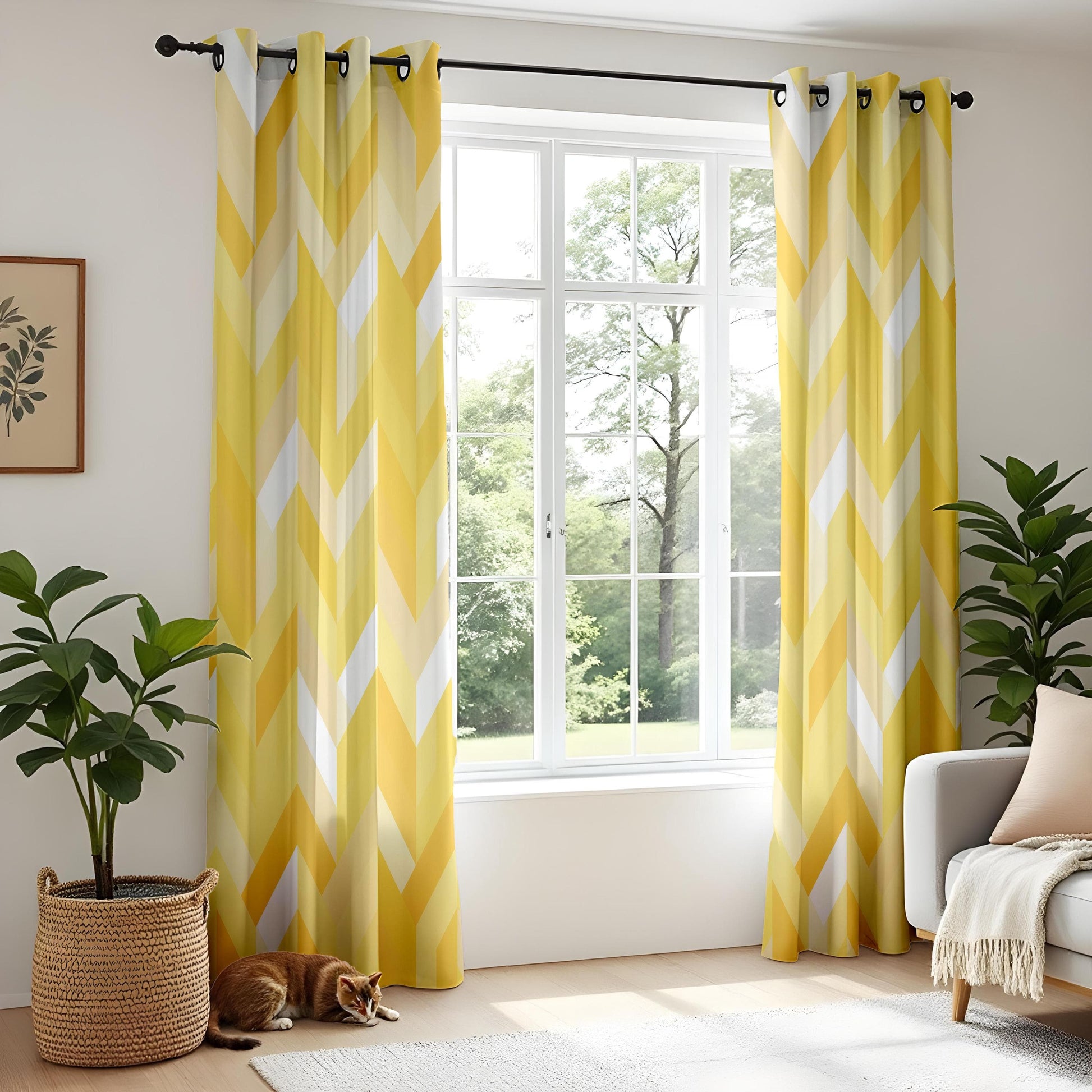 Onay Yellow Chevron Kitchen Curtains, Modern Geometric Window Drapes