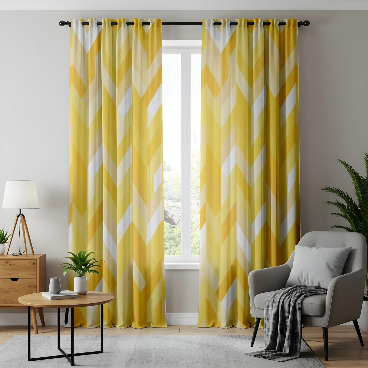 Onay Yellow Chevron Kitchen Curtains, Modern Geometric Window Drapes
