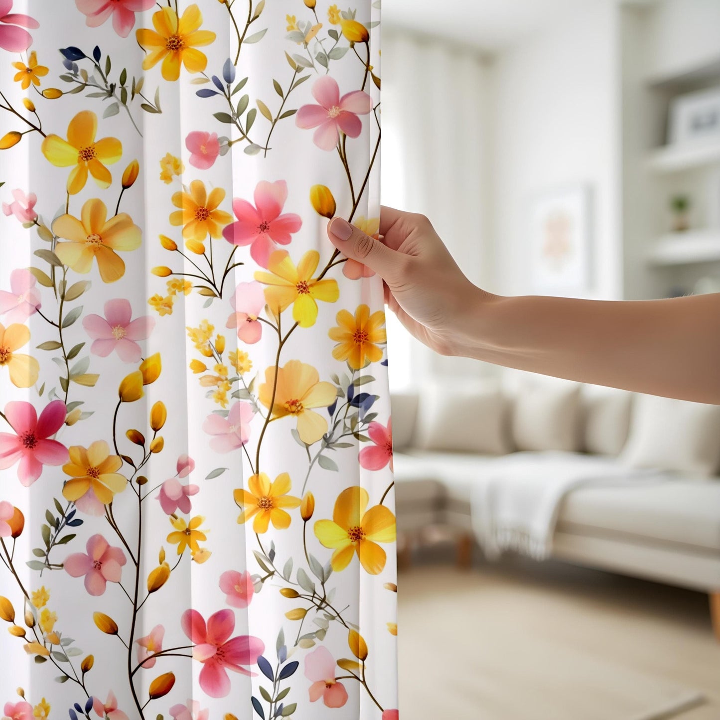 Onay Yellow Floral Curtains for Living Room, Mid Century Floral Printed Drapes