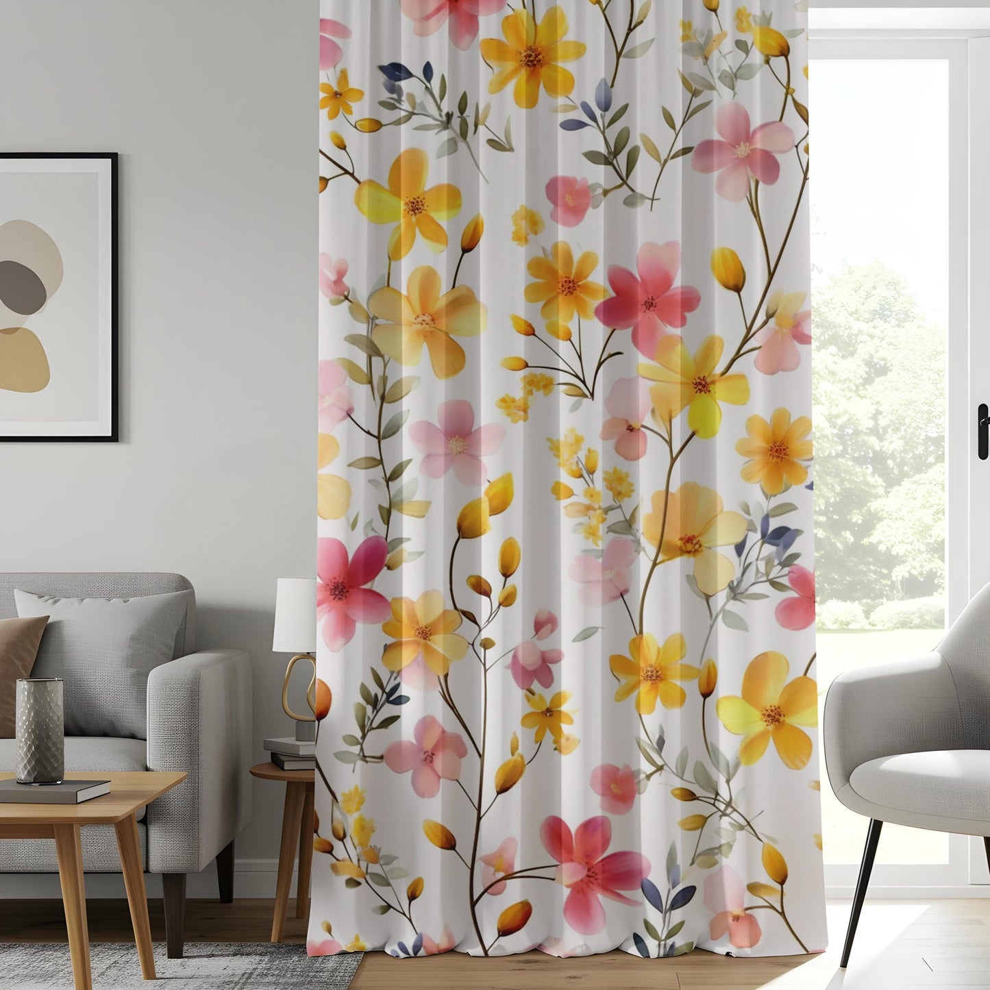 Onay Yellow Floral Curtains for Living Room, Mid Century Floral Printed Drapes