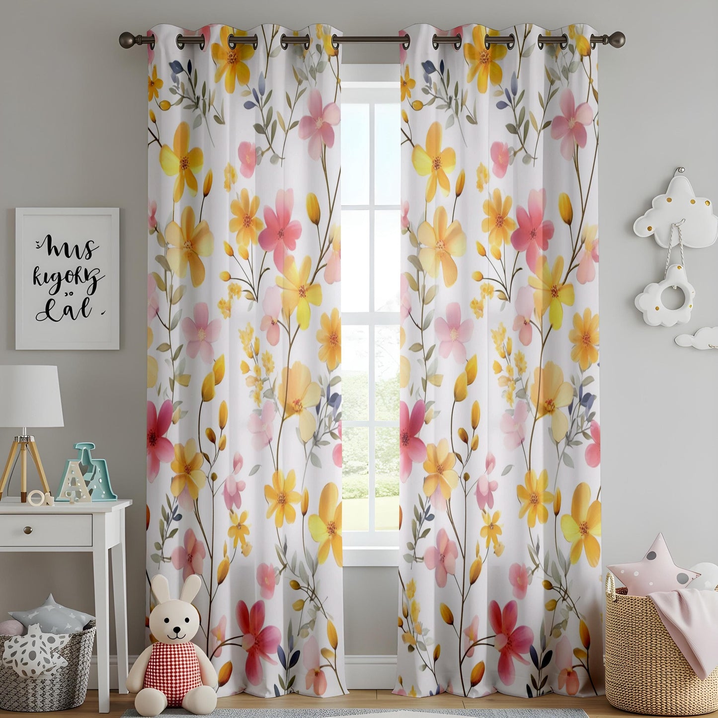 Onay Yellow Floral Curtains for Living Room, Mid Century Floral Printed Drapes