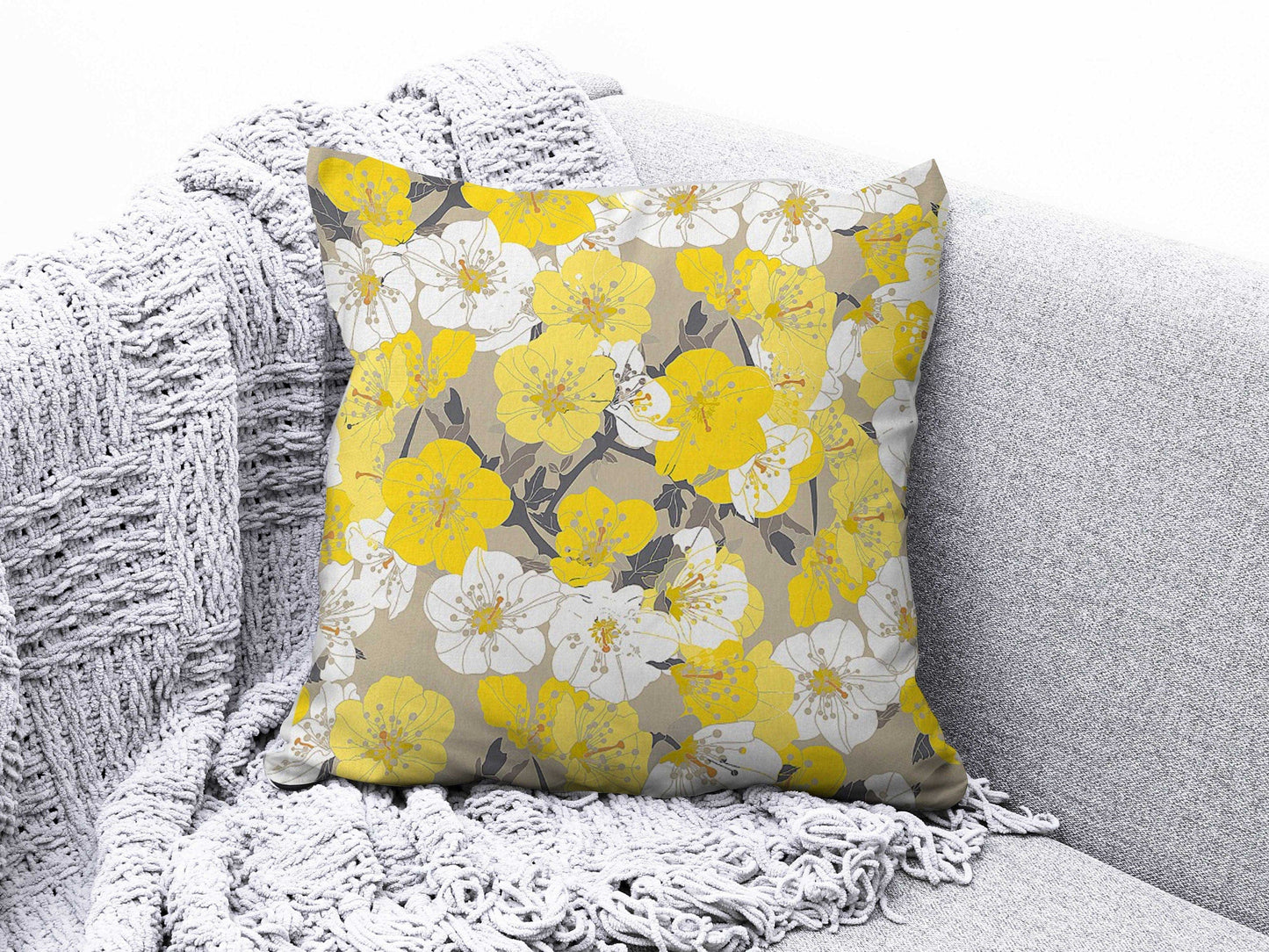 Onay 9 / 12 x 12 inch (30 x 30 cm) Yellow Floral Geometric Striped Home Decor Cushion Cover