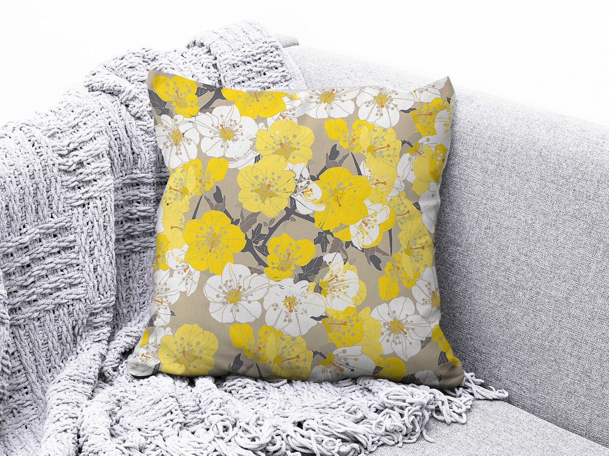 Onay 9 / 12 x 12 inch (30 x 30 cm) Yellow Floral Geometric Striped Home Decor Cushion Cover