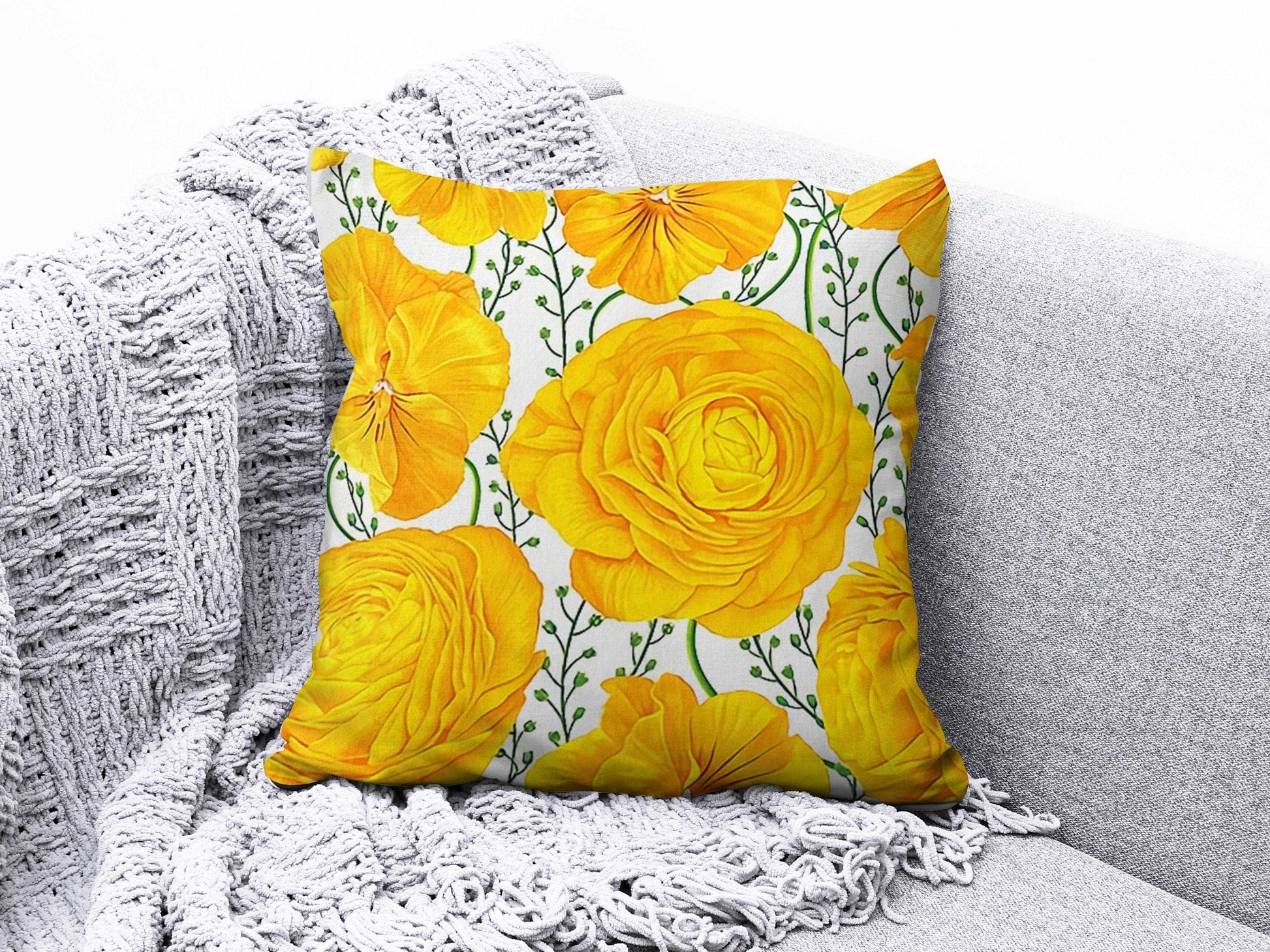 Onay 5 / 12 x 12 inch (30 x 30 cm) Yellow Floral Geometric Striped Home Decor Cushion Cover