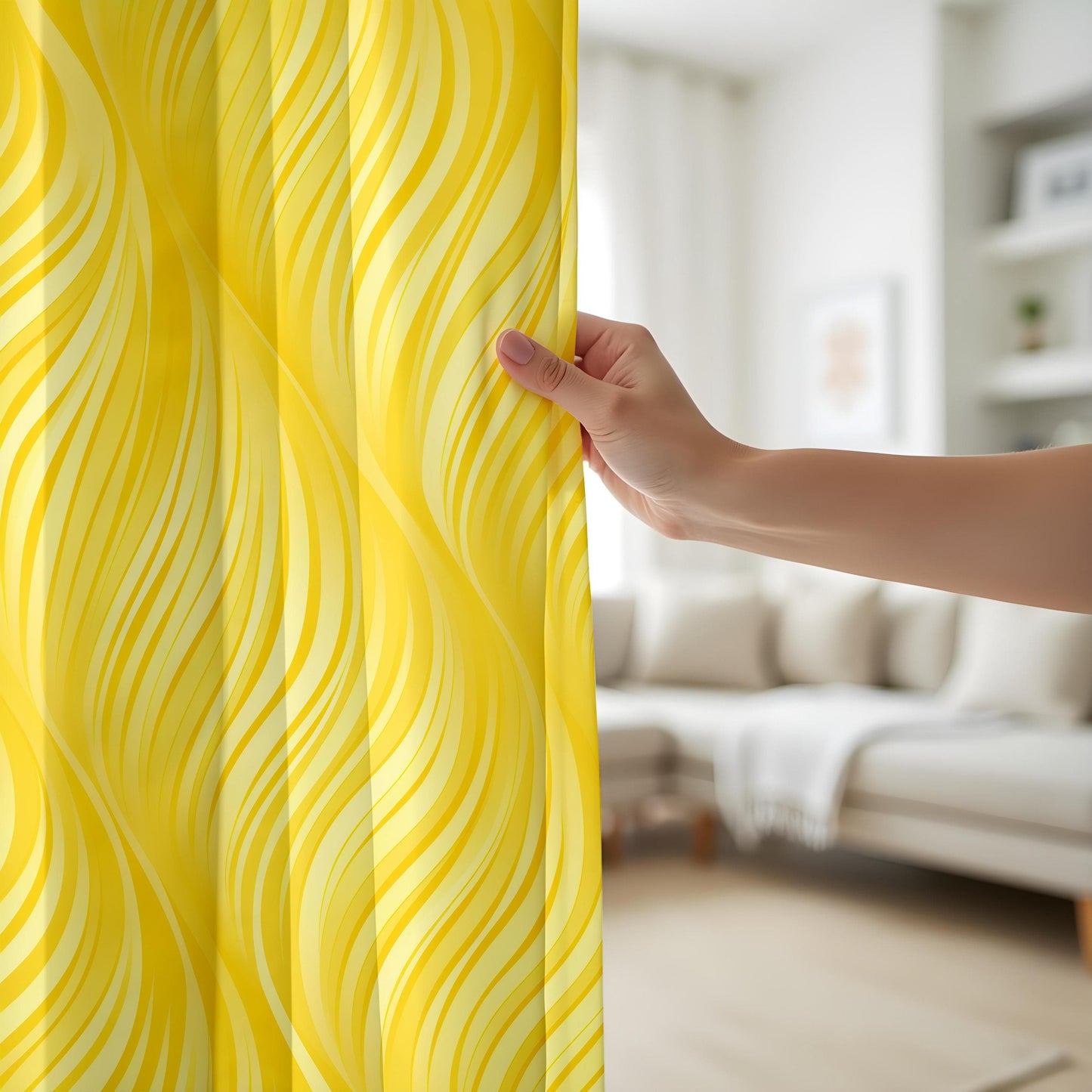 Onay Yellow Wave Pattern Living Room Curtains, Flowing Line Art Window Drapes