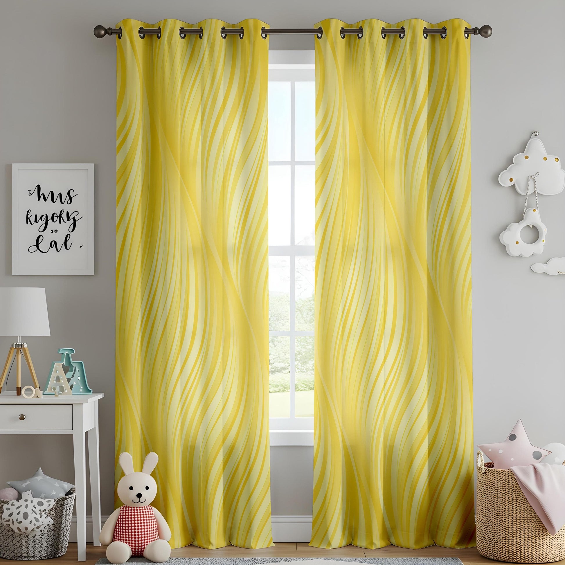 Onay Yellow Wave Pattern Living Room Curtains, Flowing Line Art Window Drapes
