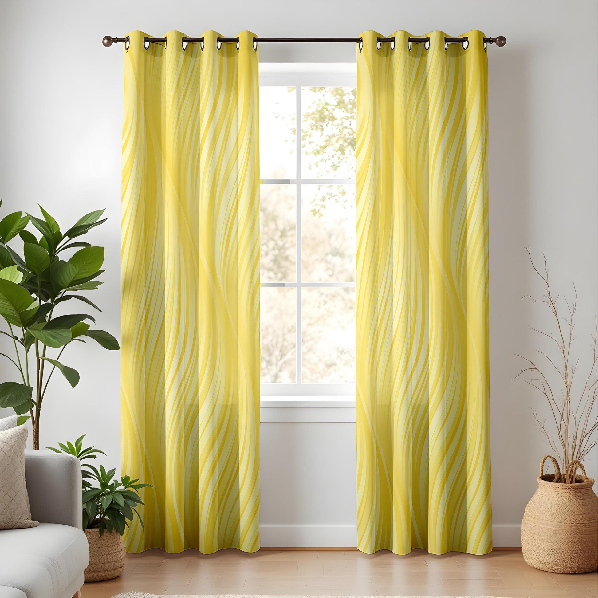 Onay Yellow Wave Pattern Living Room Curtains, Flowing Line Art Window Drapes