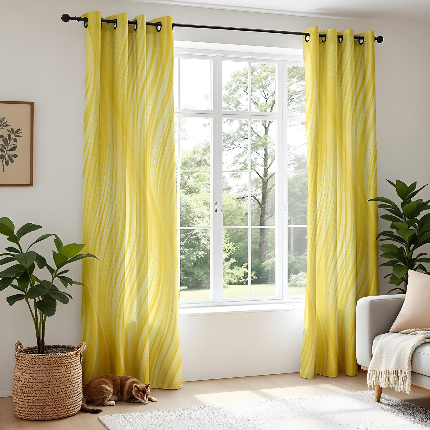 Onay Yellow Wave Pattern Living Room Curtains, Flowing Line Art Window Drapes