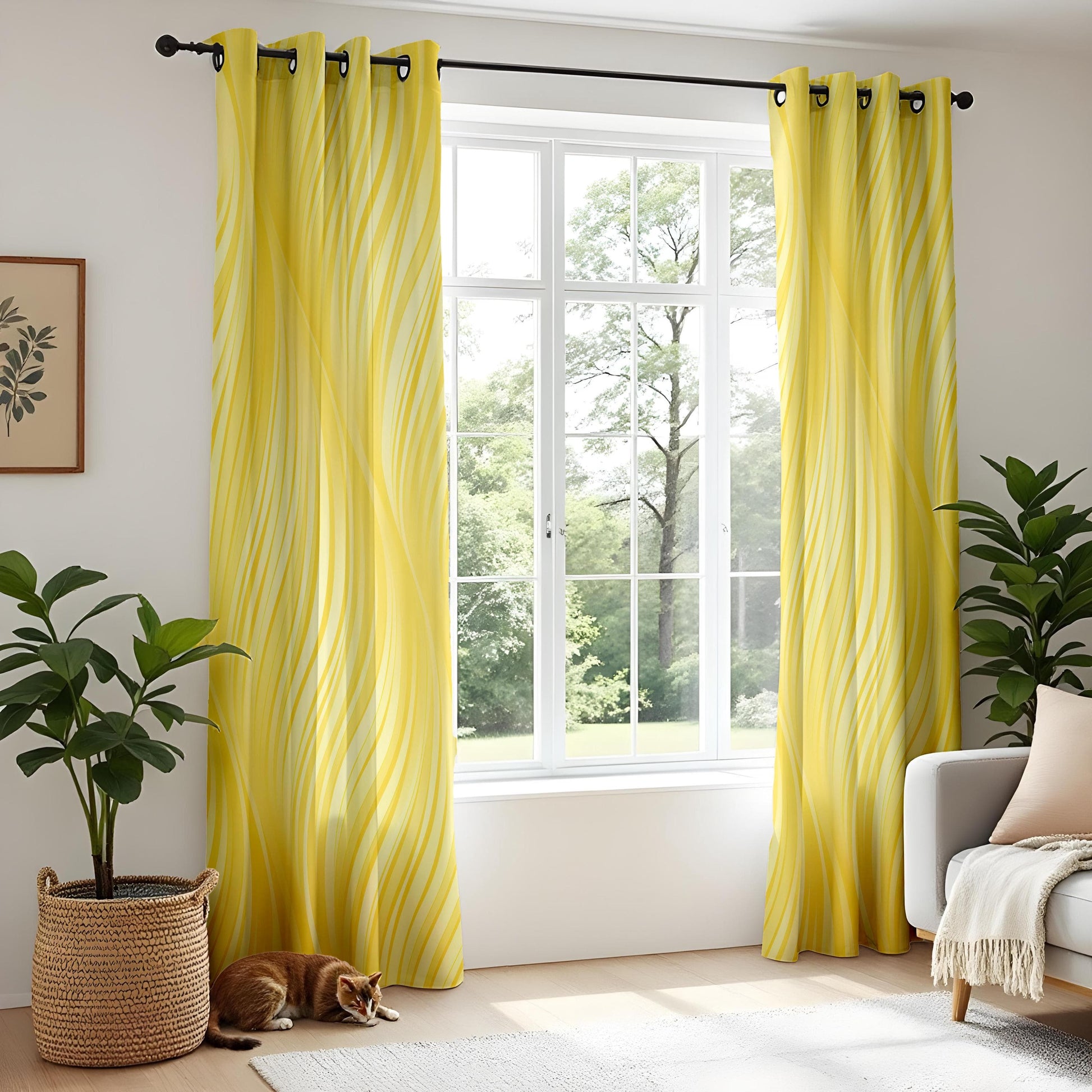 Onay Yellow Wave Pattern Living Room Curtains, Flowing Line Art Window Drapes