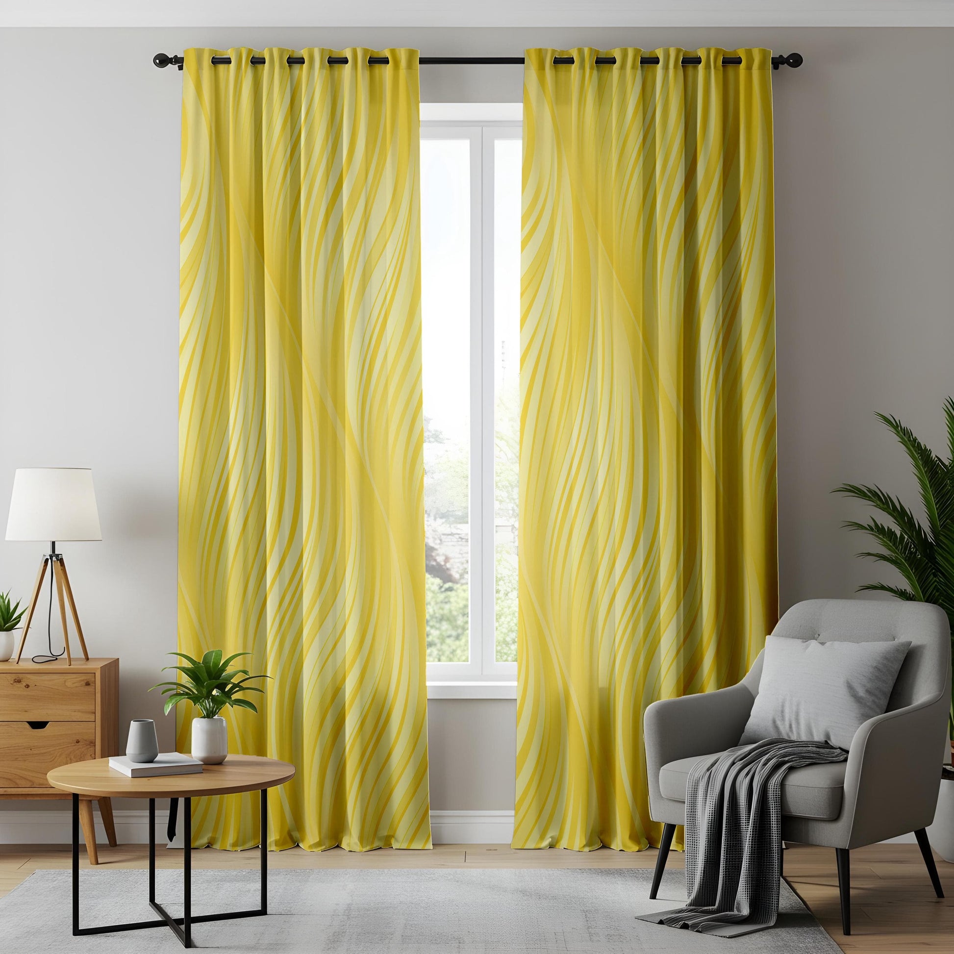 Onay Yellow Wave Pattern Living Room Curtains, Flowing Line Art Window Drapes