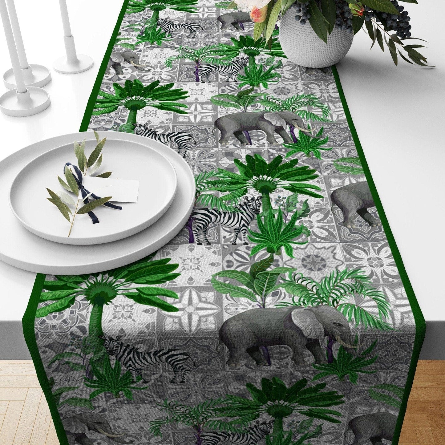 Onay 4 / 12 x 46 inch (30 x 120 cm) Zebra & Elephant Table Cloth Japonese Woman Table Runner