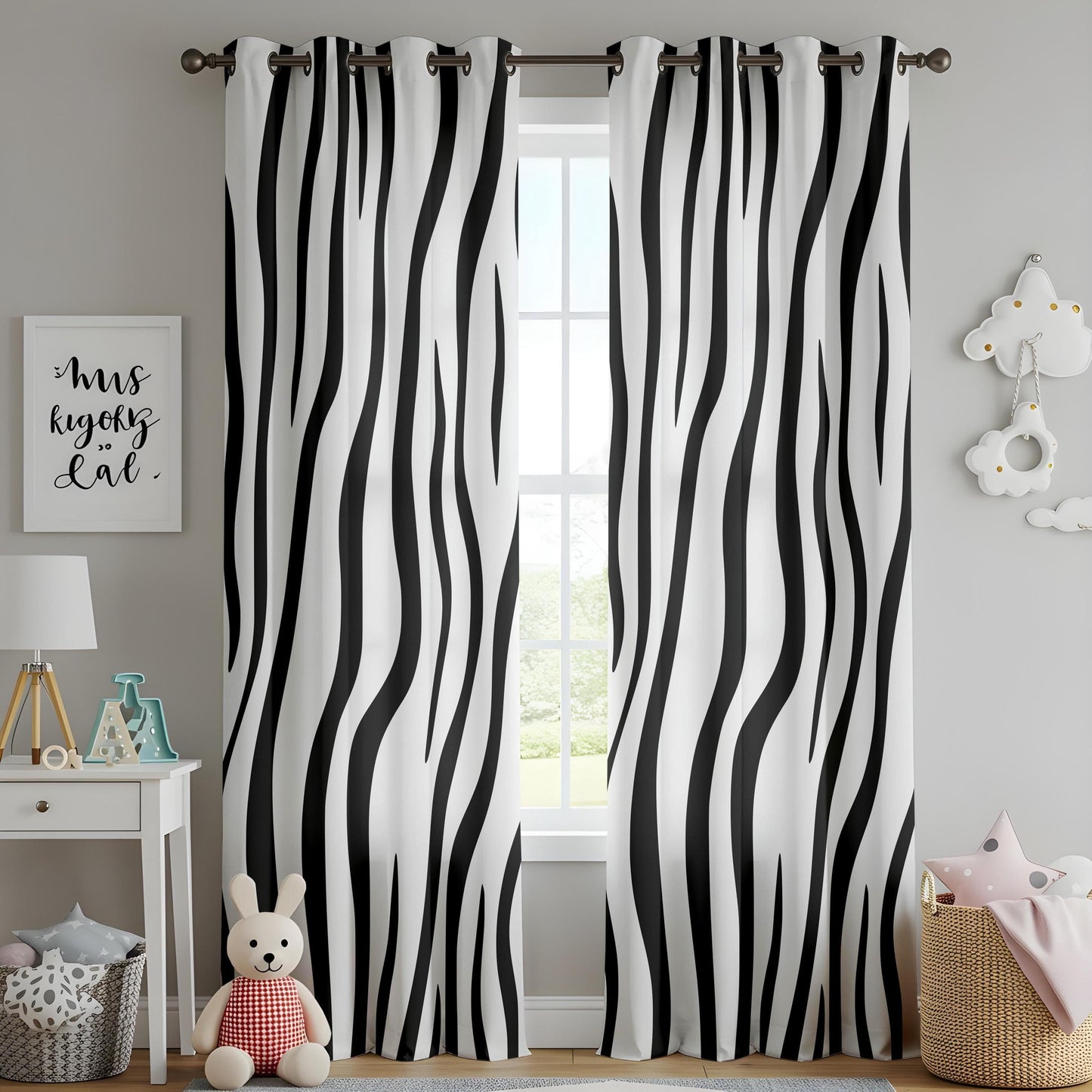 Onay Zebra Stripe Black and White Pattern Curtains, Bold Animal Print Window Drapes