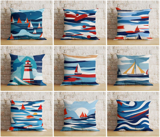 Blue nautical lighthouse and sailboat cushion cover