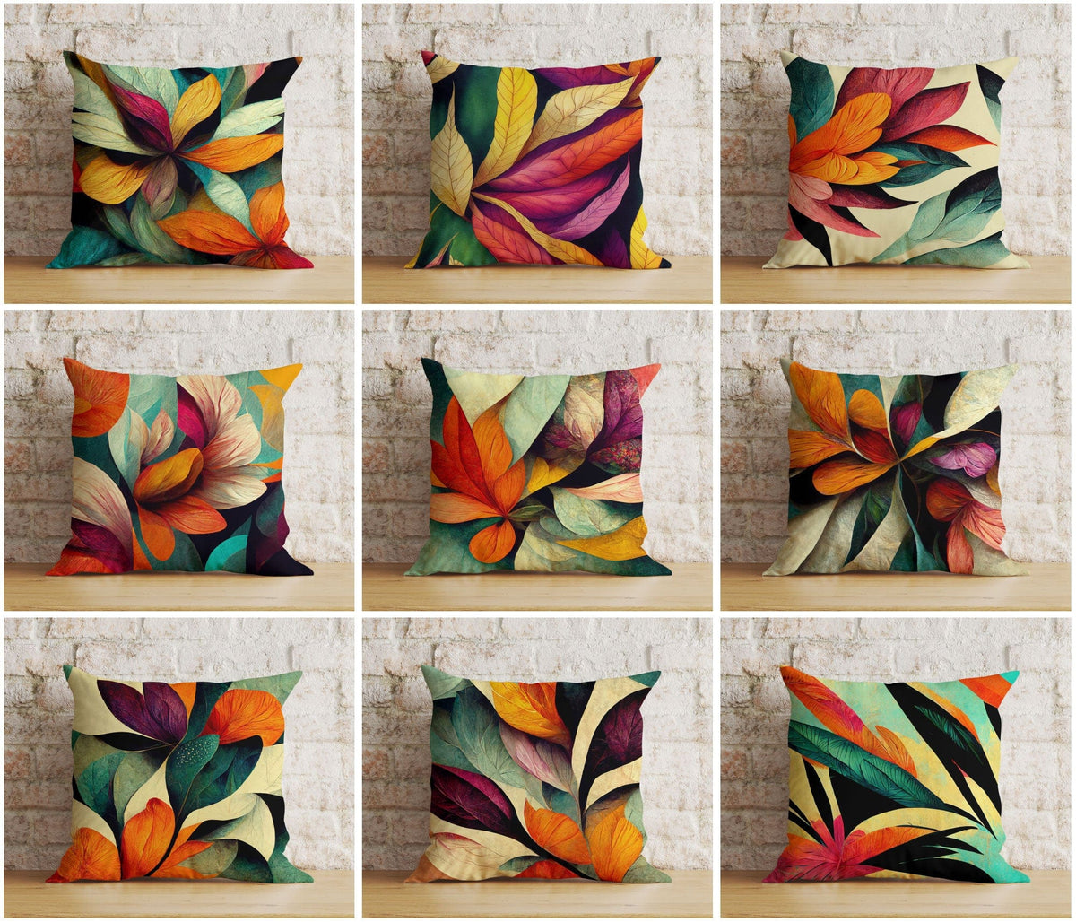 Colourful leaf print cushion cover