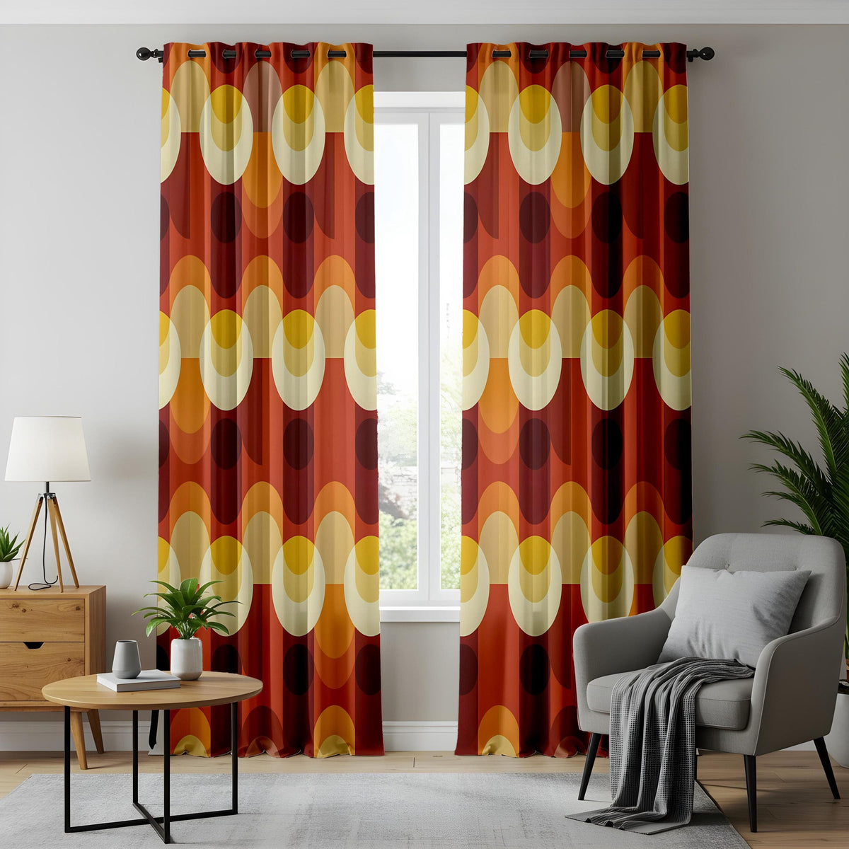 Mid century modern curtains with a 60s and 70s retro pattern