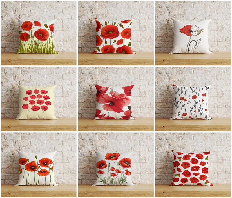 Red poppy print cushion cover