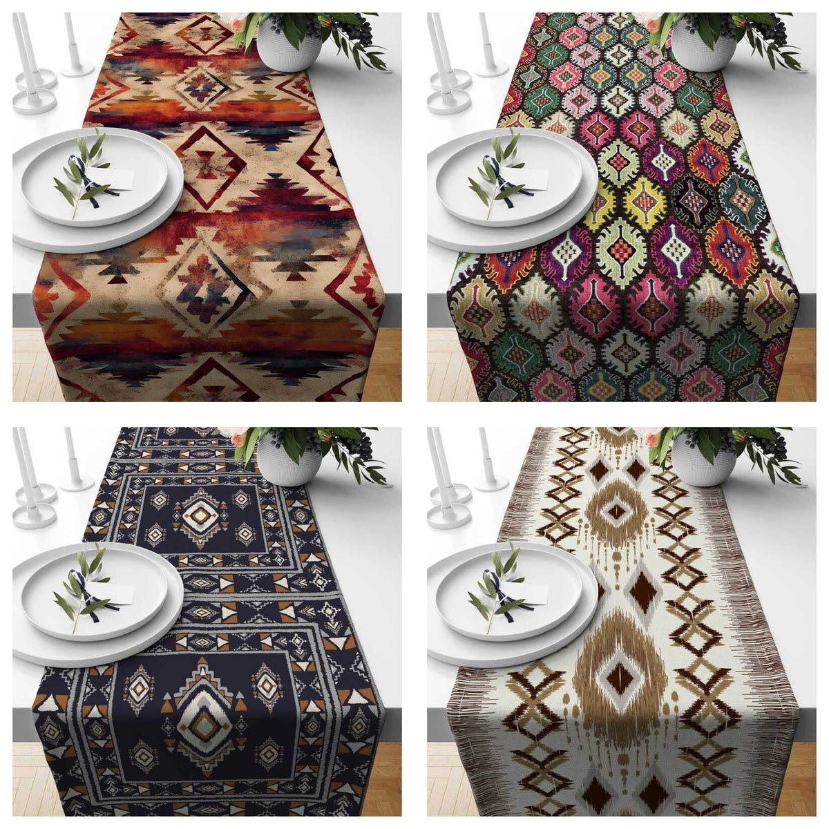 Printed kilim style table runner on a dining table
