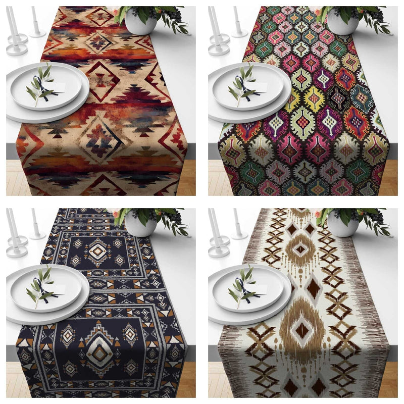 Printed kilim style table runner on a dining table